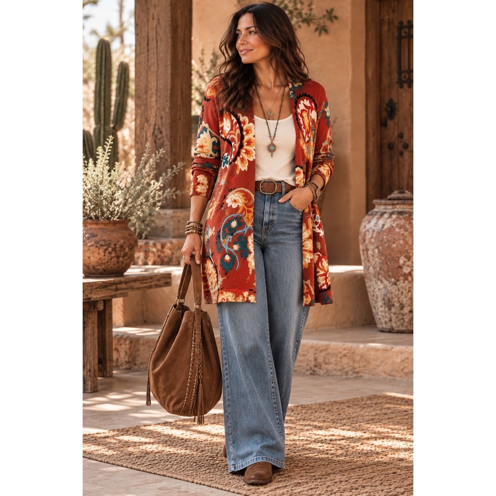 Chico's Rust Orange Paisley Open Front Cardigan Sweater Boho Artsy Longline L